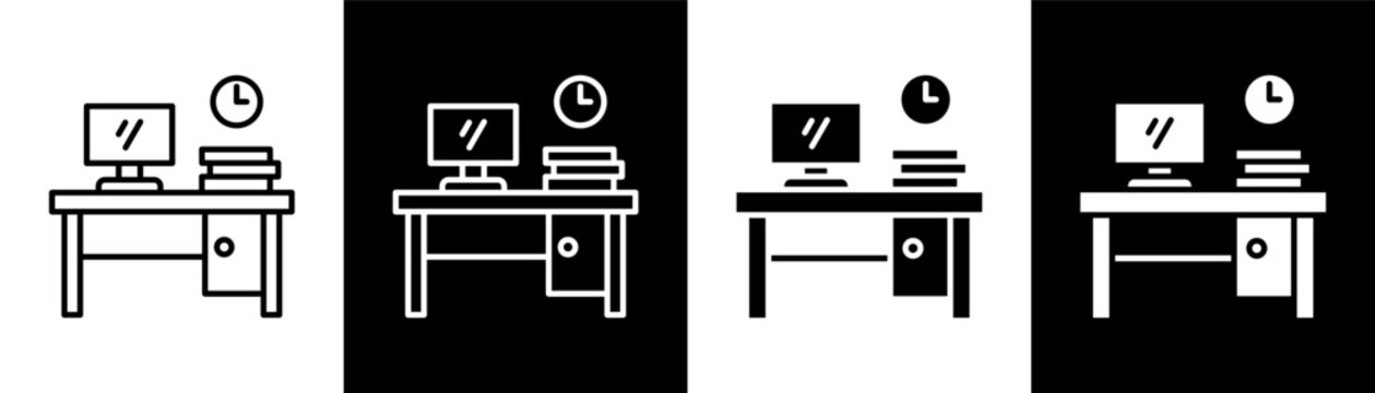 Office Desk white and black icon set design