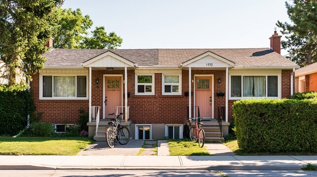 Bright daylight captures a duplexs twin entrances with a shared driveway bicycles parked nearby focusing on architectural details while the quiet street and hedges remain softly