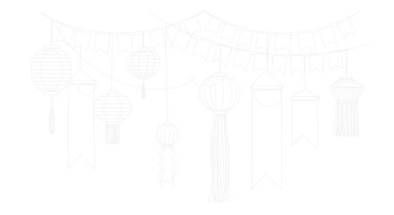 Obraz premium Hand-drawn illustration of festive paper lanterns and bunting flags, isolated on white background.