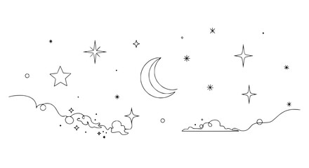 Fototapeta premium Minimalist Line Art Celestial Night Sky with Crescent Moon, Stars, and Clouds