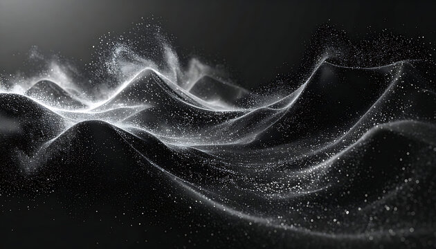 Abstract flowing waves of glowing white particles on black background, futuristic digital landscape, energy flow, data stream, texture overlay