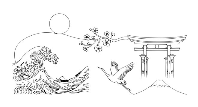 Japanese Art: Wave, Crane, Torii Gate, Mt. Fuji, Cherry Blossom, Sun