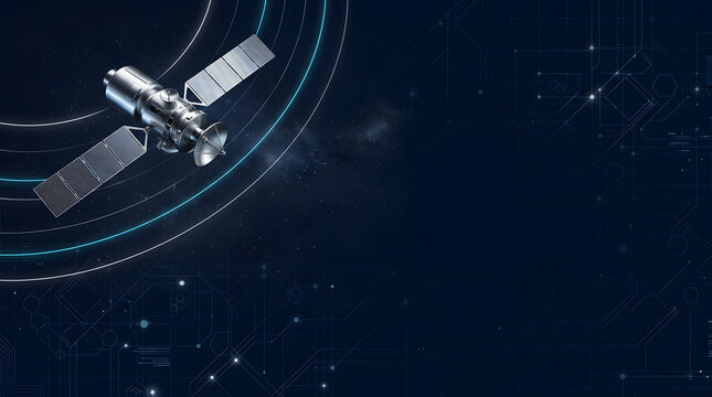 Futuristic metallic satellite in orbit with glowing space technology lines on a dark digital backdrop