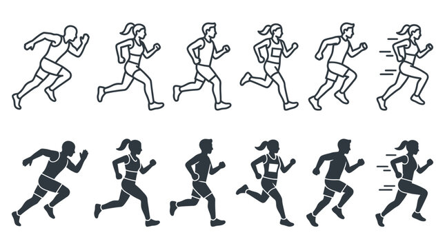 Running Figures Icon Set: Male and Female Athletes in Motion, Silhouette and Outline