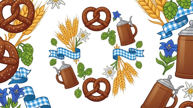 Oktoberfest beer festival seamless pattern with pretzels beer mugs hops and wheat ears.