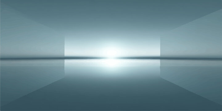 Abstract blue background with sun rays over calm ocean sky and horizon reflection seascape wallpaper