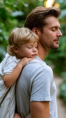 Fototapeta premium Father and Child Bonding Moment in Nature, Capturing Tenderness and Serenity in a Green Environment