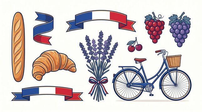 Set of hand drawn French culture icons including baguette croissant lavender and bicycle.