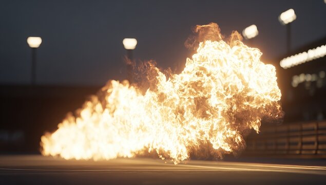Fiery jet of flames erupts on a dark racetrack