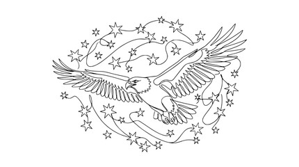 Fototapeta premium Eagle Flying with Stars and Swirls Line Art Illustration - Freedom Symbol