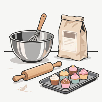 Colorful cupcakes on a baking tray with mixing tools and ingredients for baking sweet treats