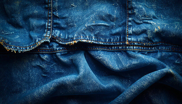 closeup of dark blue denim fabric texture with golden glitter flecks, worn jeans textile detail, fashion background