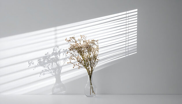 dried flowers in glass vase with window blind light shadow casting dramatic moody aesthetic
