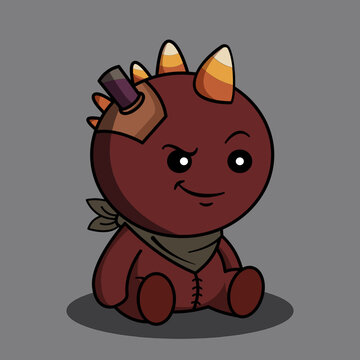 A mischievous unicorn-like teddy bear sits on a gray background with a bandana and bottle. A cute teddy bear with a unicorn horn and a bottle on its head. teddy, bear, unicorn, horn, bandana