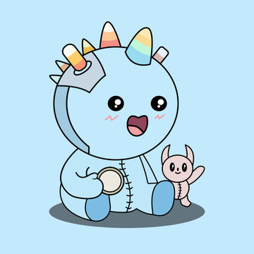 A cute unicorn doll plays with a small pink toy on a blue background. A blue unicorn doll with a rainbow horn and a small pink toy. unicorn, doll, toy, blue, cute