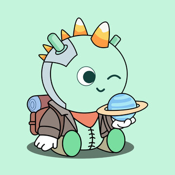 A cartoon unicorn explorer holds a planet model. A cute space explorer unicorn holds a planet. unicorn, explorer, space, planet, model