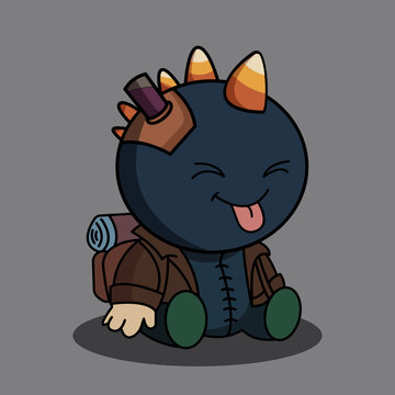 Adorable dragon creature wearing jacket sits happily outdoors. Cute dragon illustration wearing a jacket and sitting down. dragon, jacket, creature, outdoors, happy
