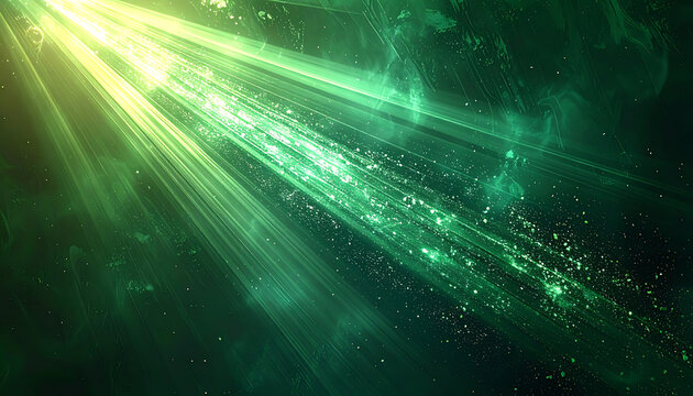 Abstract green light rays with sparkling particles and glowing fog, dynamic magical energy background for digital display or cinematic transition