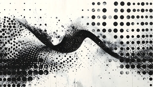 Abstract halftone wave pattern with distressed dot texture, ink splatter effect, monochrome urban style background