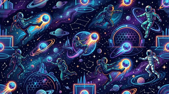 Seamless neon pattern of astronauts playing soccer in space. Cosmic sports illustration with glowing planets and stars in a futuristic synthwave style. AI generated.