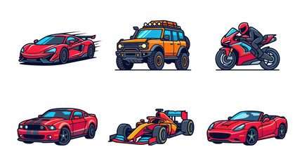 Naklejka premium Set of Red Sports Cars, Motorcycle, Off-Road Vehicle, and F1 Car