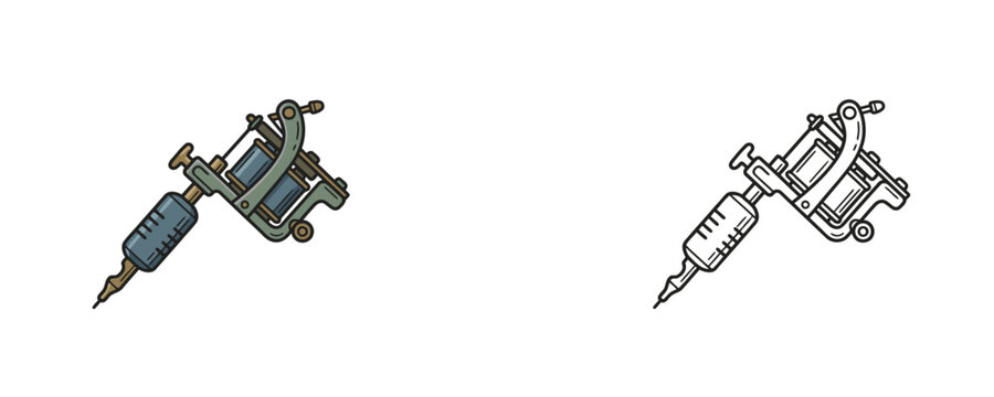 Induction tattoo machine vector illustrations in flat color and black line styles representing traditional professional equipment used for tattooing on a white background