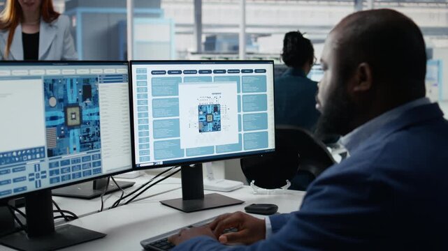 Technician optimizing microchip production with PC software in factory R&D workspace, improving semiconductor processing efficiency, computer and African American employee in office.