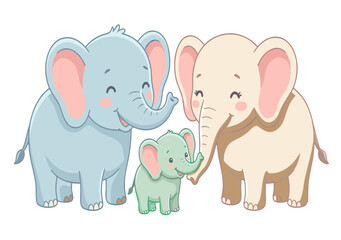 Cute elephant family consisting of parents and a baby elephant, cartoon style illustration, isolated on a white background. © Adi