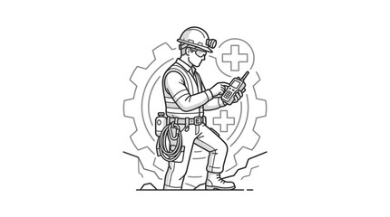 Obraz premium Safety inspector with radio standing before gear symbol.
