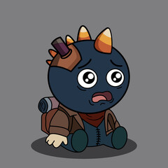 Fototapeta premium A scared unicorn-like creature wearing a backpack sits on the ground looking worried. An illustration of a worried creature with a backpack on.