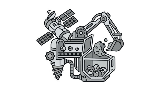 Complex space mining rover with drill and satellite.