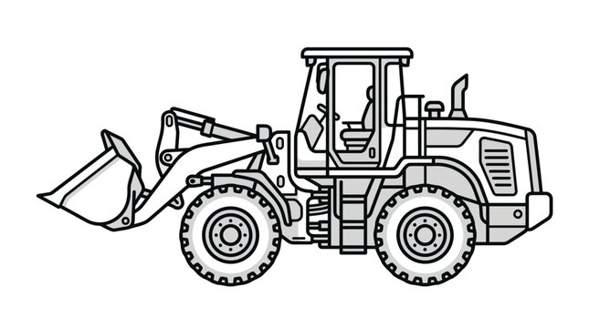 Heavy front end wheel loader construction vehicle line drawing.