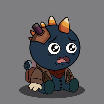 A scared unicorn-like creature wearing a backpack sits on the ground looking worried. An illustration of a worried creature with a backpack on.