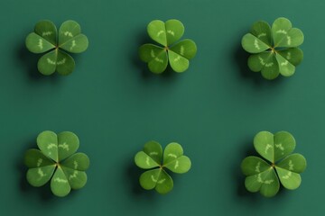 Fototapeta premium Six green clover plants arranged on dark background. Some have three leaves, others have four. Gentle shadow effects create depth. Natural pattern evokes luck and nature.