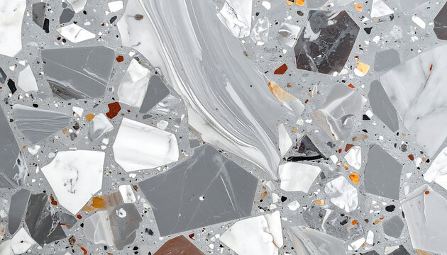 grey terrazzo texture with marble stone chips and aggregate, decorative surface pattern for interior flooring