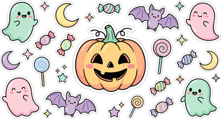 Fototapeta premium Halloween pumpkin surrounded by ghosts bats.