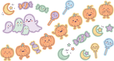 Naklejka premium Halloween stickers with smiling pumpkins ghosts.