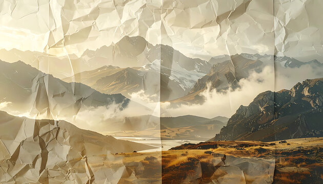 crumpled paper texture overlaying a sunset mountain landscape with mist and golden light