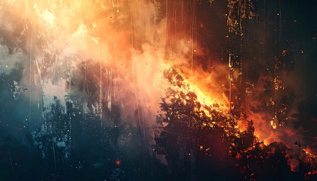 Intense forest fire blaze with glowing embers and smoke, dramatic disaster landscape, environmental emergency and wildfire destruction