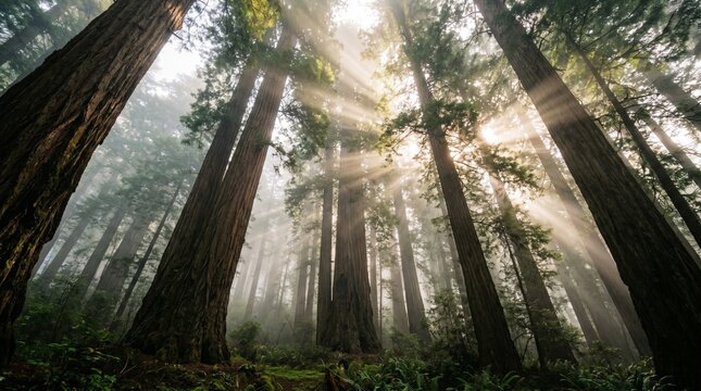 Sunbeams Streaming Through Giant Redwood Trees in a Misty Forest Canopy, Low Angle View of Ancient Sequoia Grove with Ethereal Light Rays