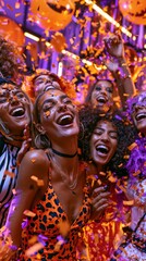 Fototapeta premium Festive group enjoying a neon-lit party with confetti rain, playful expressions, and a rich golden-purple color palette.