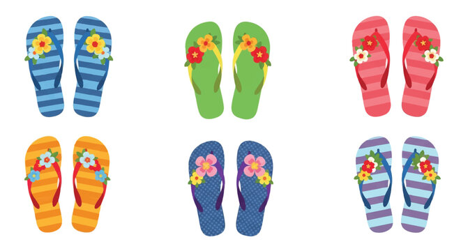 Tropical summer flip flops with colorful patterns and flower straps