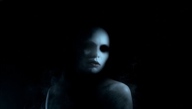 Dark Halloween conceptual horror background with a blurry pale ghost face and empty black eyes fading into deep darkness with subtle smoke