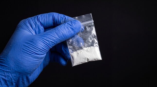 Close-up of a hand in a blue latex glove holding a small plastic bag with white powder, symbolizing illegal drugs or forensic evidence on a black background.