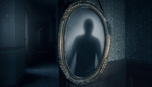 Spooky Halloween background inside a haunted house with a dark shadowy ghost reflection appearing in a large vintage oval wall mirror