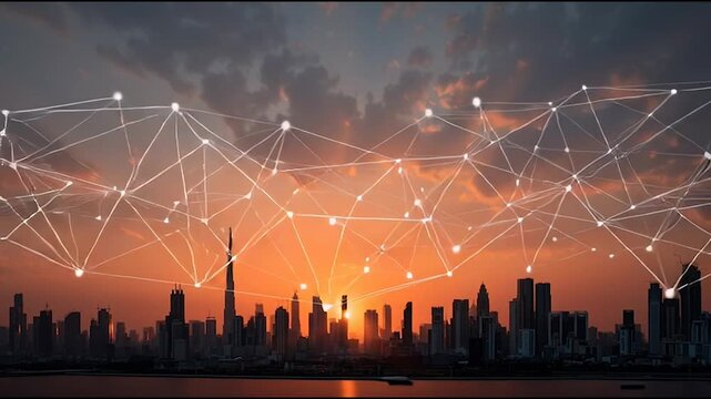 Smart Innovation city with connection cyber security network reciprocity over the cityscape . future wireless digital city and social media networking systems that connects people with in the city