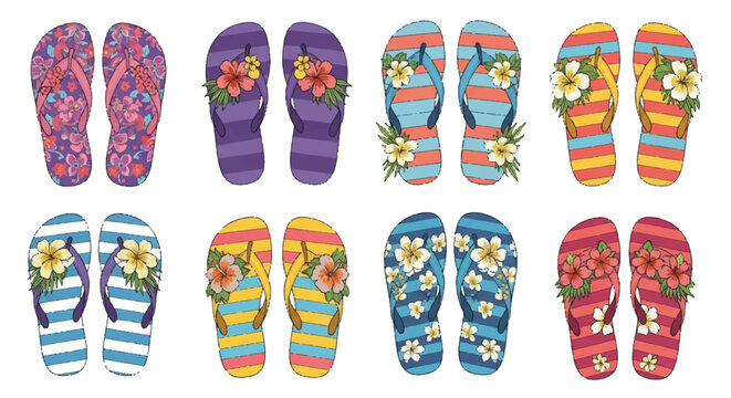 Tropical flip flop sandals with hibiscus and plumeria flowers