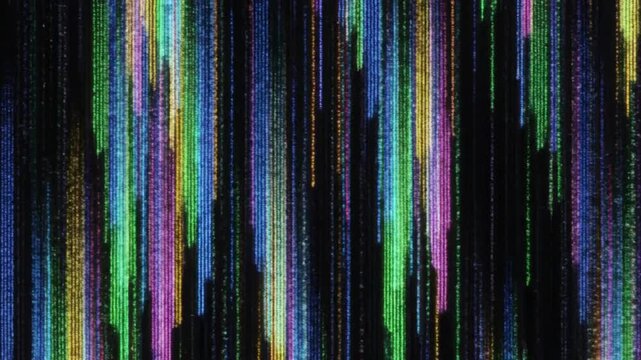 Vibrant Digital Glitch Effects with Colorful Stripes and Moving Pixels in a Dynamic Visual Composition