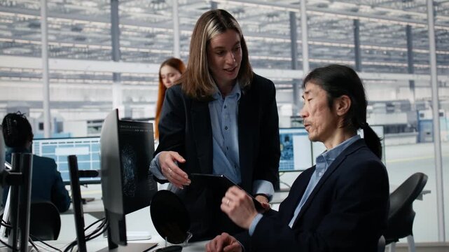 Engineering team doing semiconductor prototyping with AI in office, diverse coworkers brainstorming technical innovations in microchip factory R&D lab with AI model for semiconductor research.
