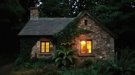 Naklejka premium Stone cottage with glowing windows sits in a dark forest. Rich plants covers the old building. Nature surrounds this quaint, inviting, rustic house.